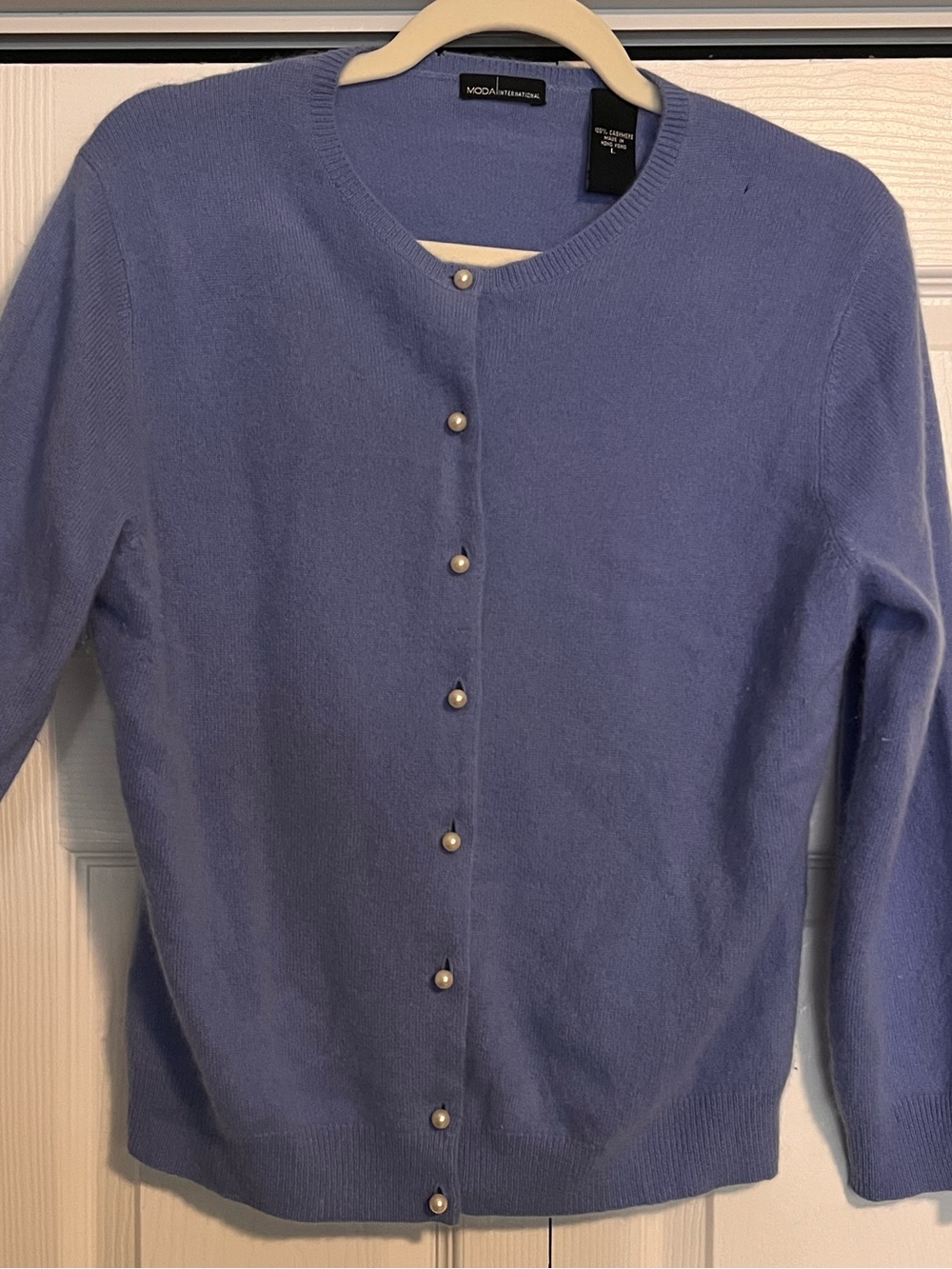 Moda International 100% Cashmere Crewneck Cardigan with Pearl